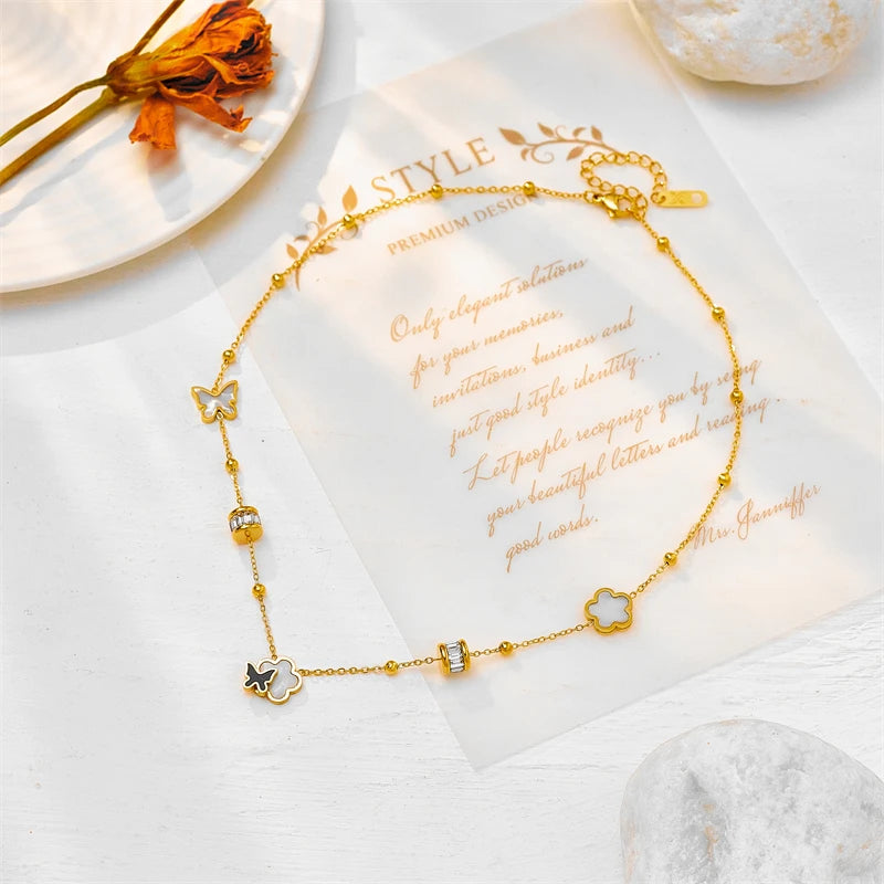 Erica Butterfly & Clover Necklace / Stainless Steel - Nina Kane Jewellery