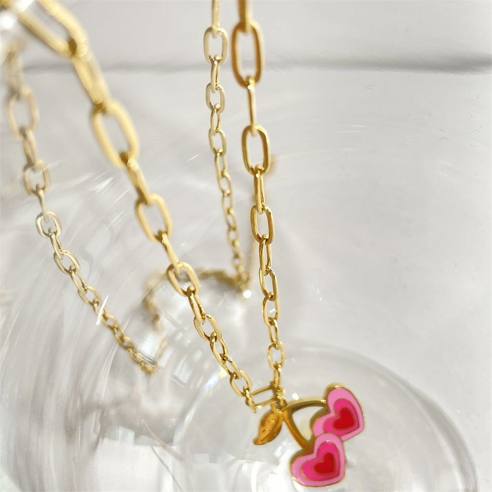 Sweet Cherry Heart Necklace / 18K Gold Plated