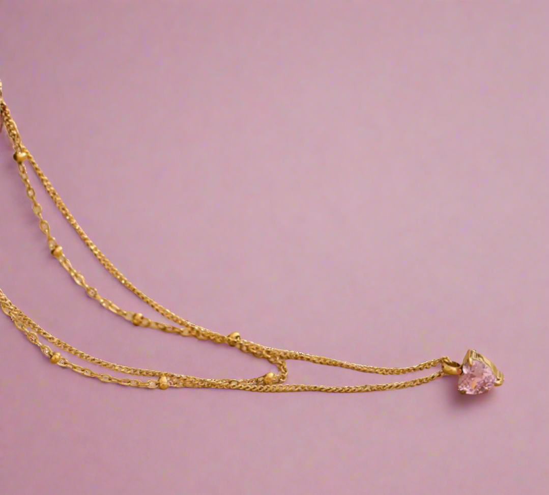 Roma Layered Pink Heart Necklace / 18K Gold Plated - Nina Kane Jewellery