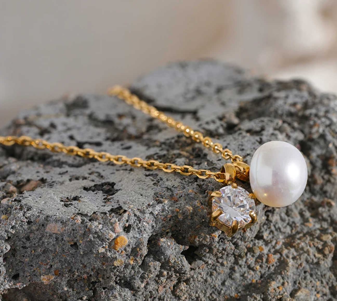 Leandra Pearl and Diamond Necklace / 18K Gold Plated - Nina Kane Jewellery