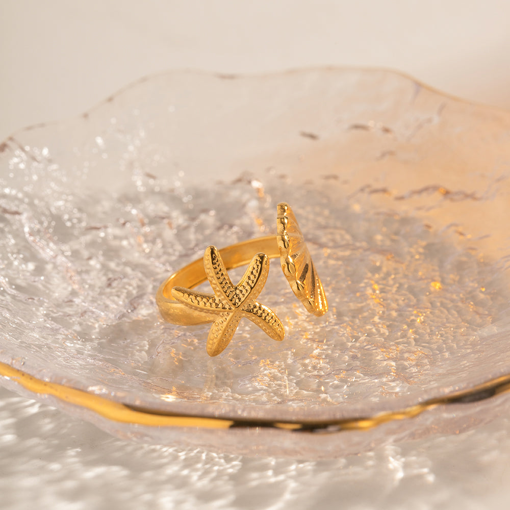 Seaside Starfish & Shell Ring / 18K Gold Plated