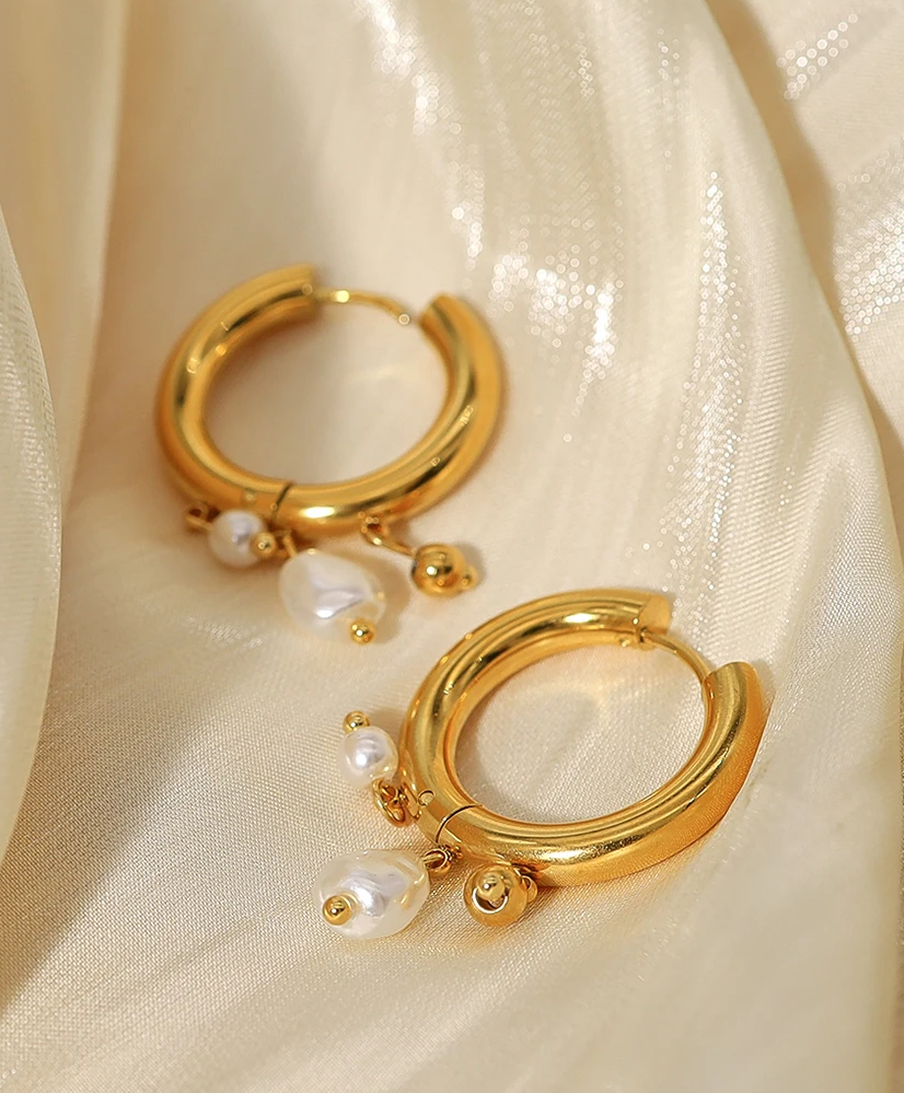Verde Pearl Gold Hoops / 18K Gold Plated - Nina Kane Jewellery