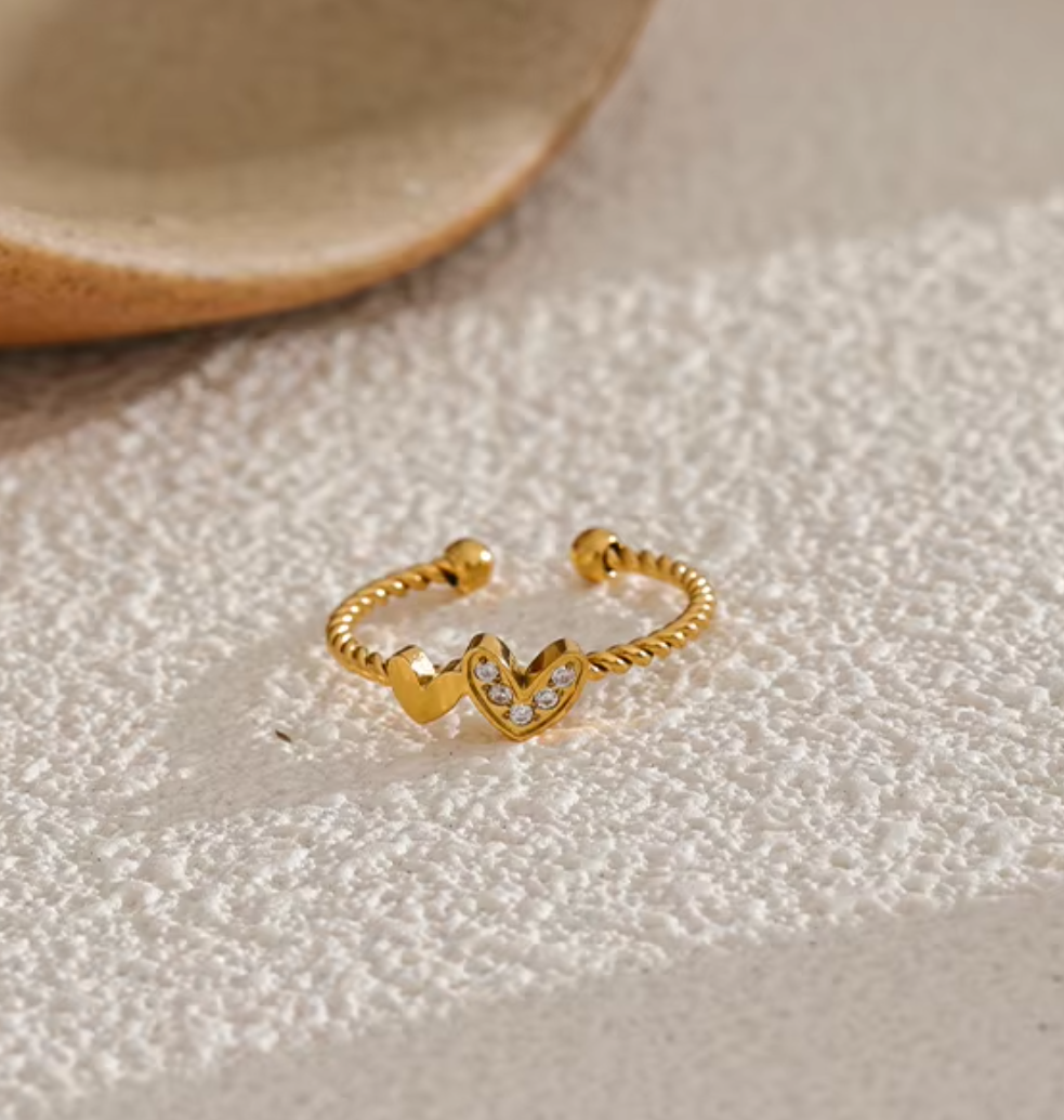 Kylie Two Heart Adjustable Ring / 18k Gold Plated - Nina Kane Jewellery