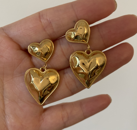 Double Heart Statement Earrings / 18K Gold Plated