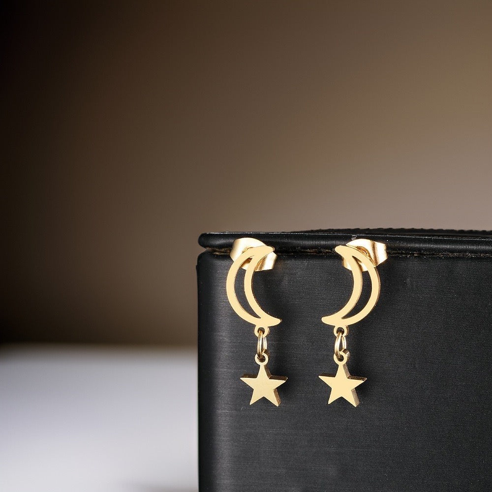 Liana Moon & Star Drop Earrings / Stainless Steel - Nina Kane Jewellery