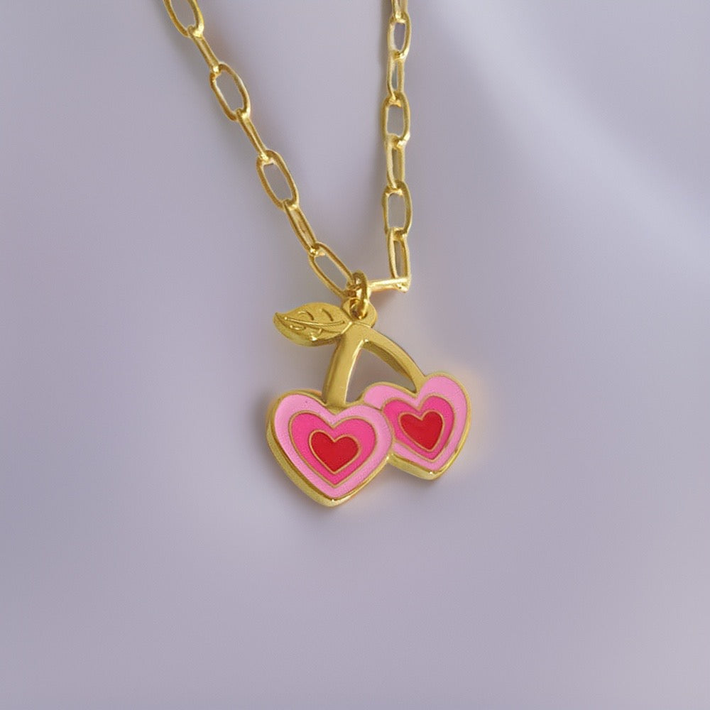 Pink Sweet Cherry Heart Necklace / 18K Gold Plated - Nina Kane Jewellery