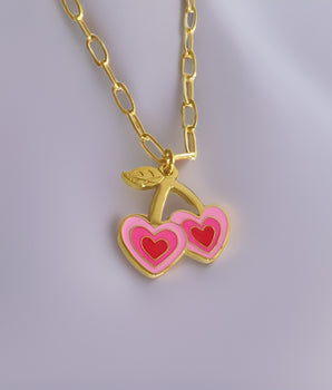 Pink Sweet Cherry Heart Necklace / 18K Gold Plated - Nina Kane Jewellery
