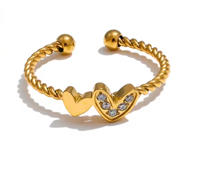 Kylie Two Heart Adjustable Ring / 18k Gold Plated - Nina Kane Jewellery