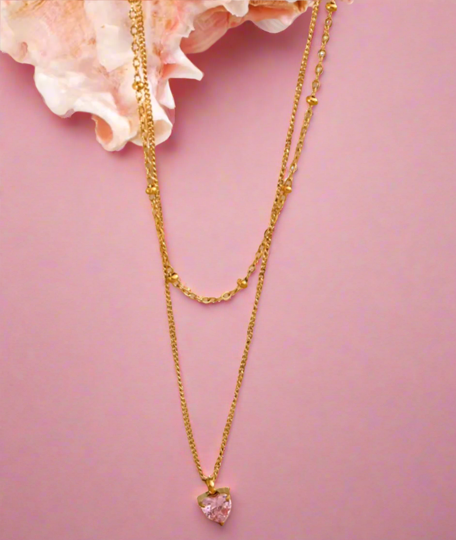 Roma Layered Pink Heart Necklace / 18K Gold Plated - Nina Kane Jewellery