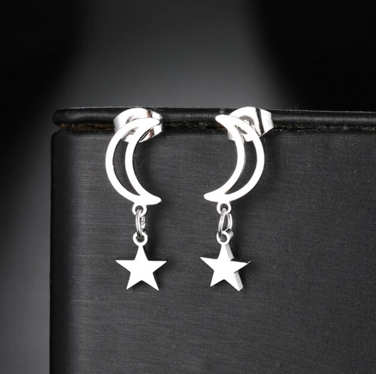 Liana Moon & Star Drop Earrings / Stainless Steel - Nina Kane Jewellery