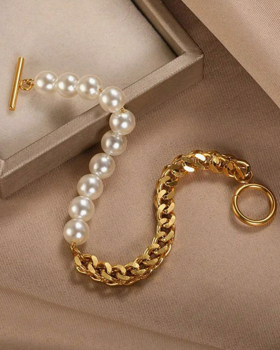 Sadie Pearl & Chain Bracelets / Stainless Steel - Nina Kane Jewellery