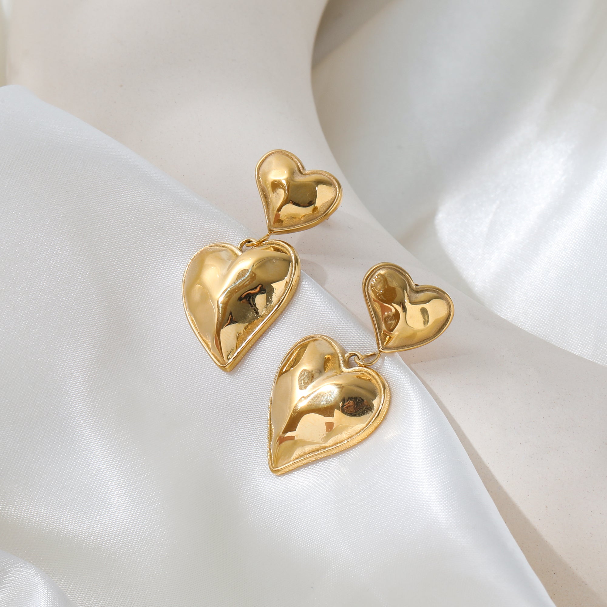 Double Heart Statement Earrings / 18K Gold Plated