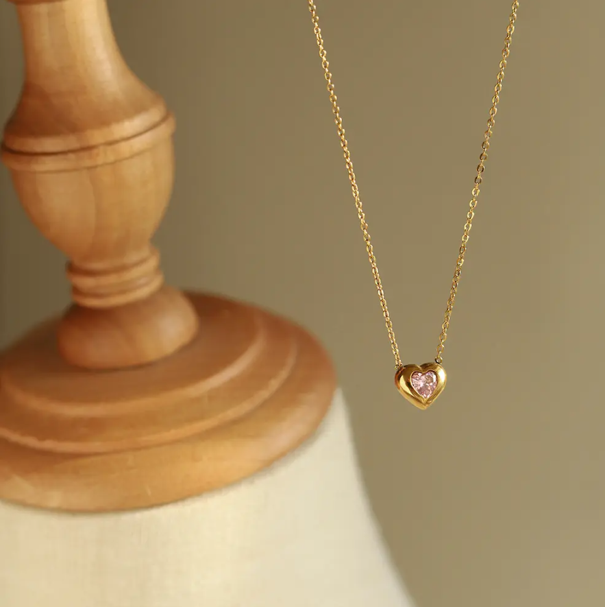 Valentina Pink Heart Necklace / 18K Gold Plated - Nina Kane Jewellery