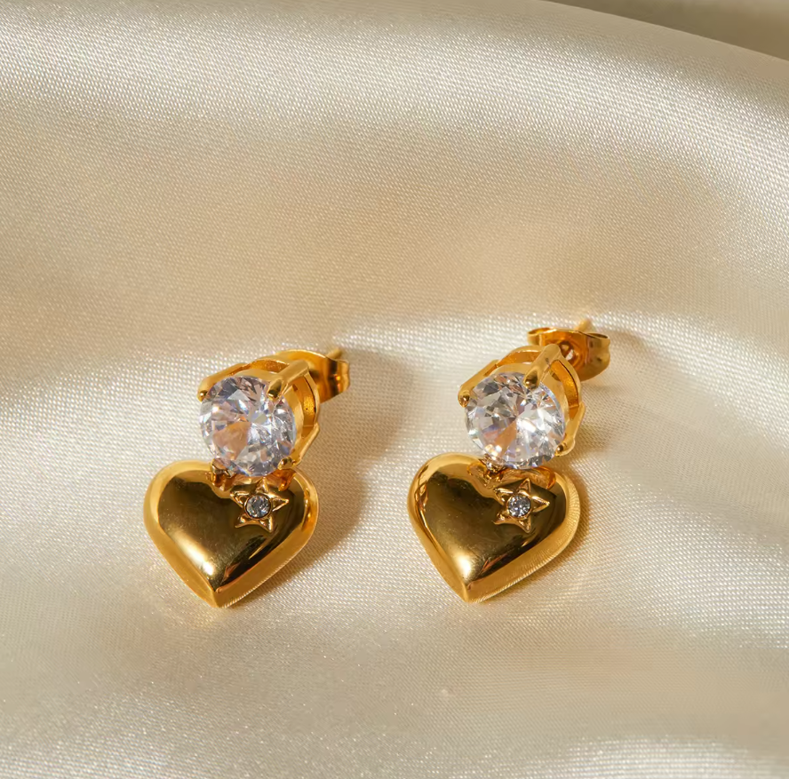 Sara Zircon Diamond Heart Earrings / 18K Gold Plated - Nina Kane Jewellery