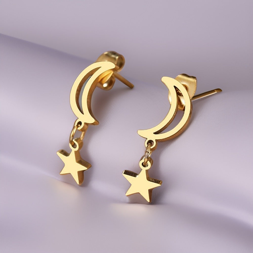 Liana Moon & Star Drop Earrings / Stainless Steel - Nina Kane Jewellery