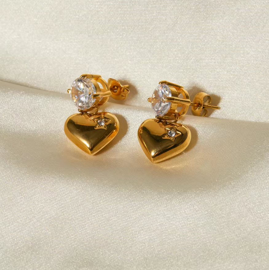 Sara Zircon Diamond Heart Earrings / 18K Gold Plated - Nina Kane Jewellery