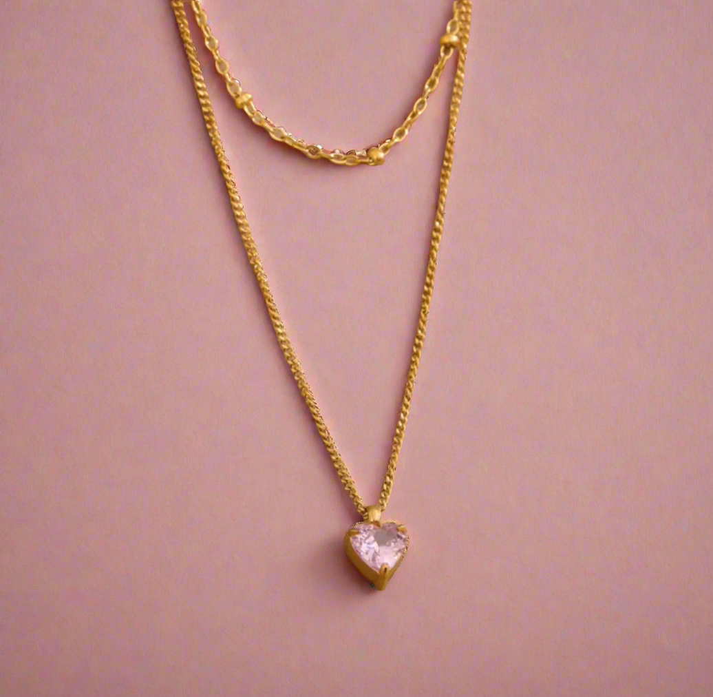 Roma Layered Pink Heart Necklace / 18K Gold Plated - Nina Kane Jewellery