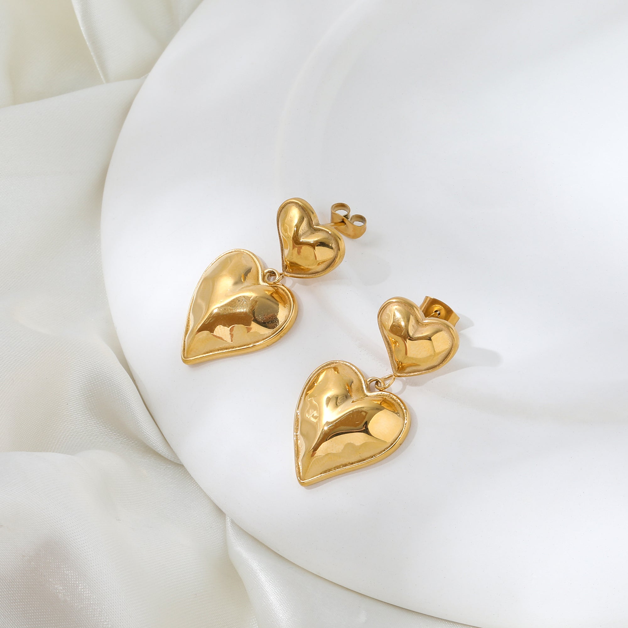 Double Heart Statement Earrings / 18K Gold Plated