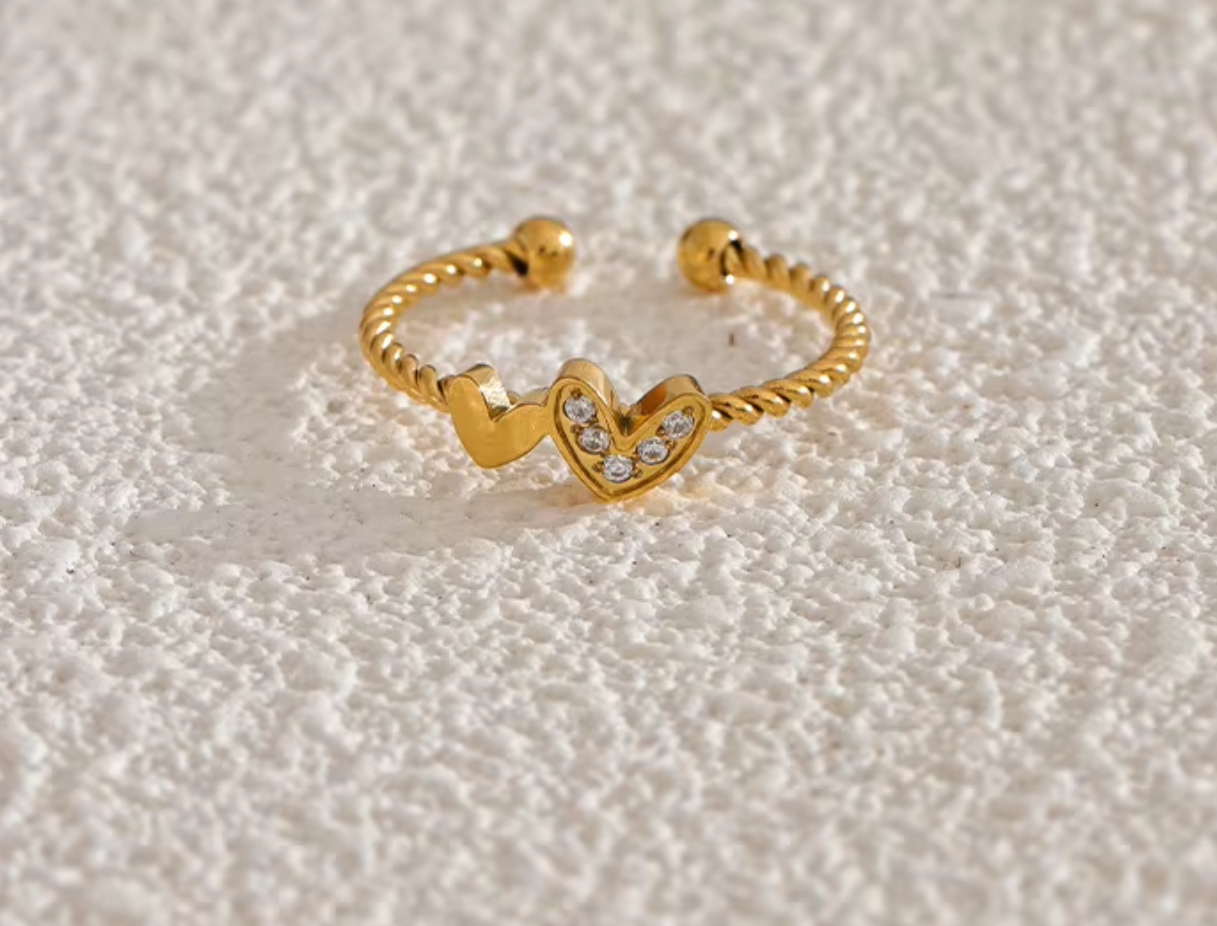 Kylie Two Heart Adjustable Ring / 18k Gold Plated - Nina Kane Jewellery