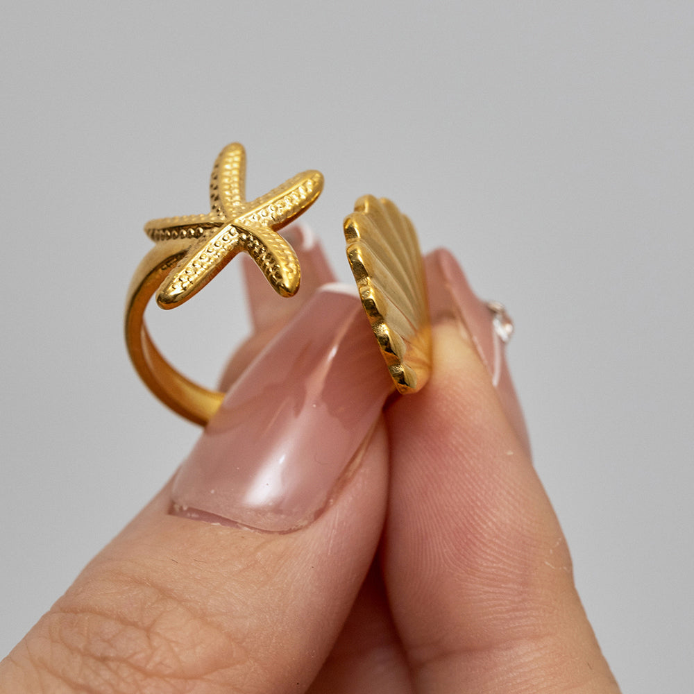 Seaside Starfish & Shell Ring / 18K Gold Plated