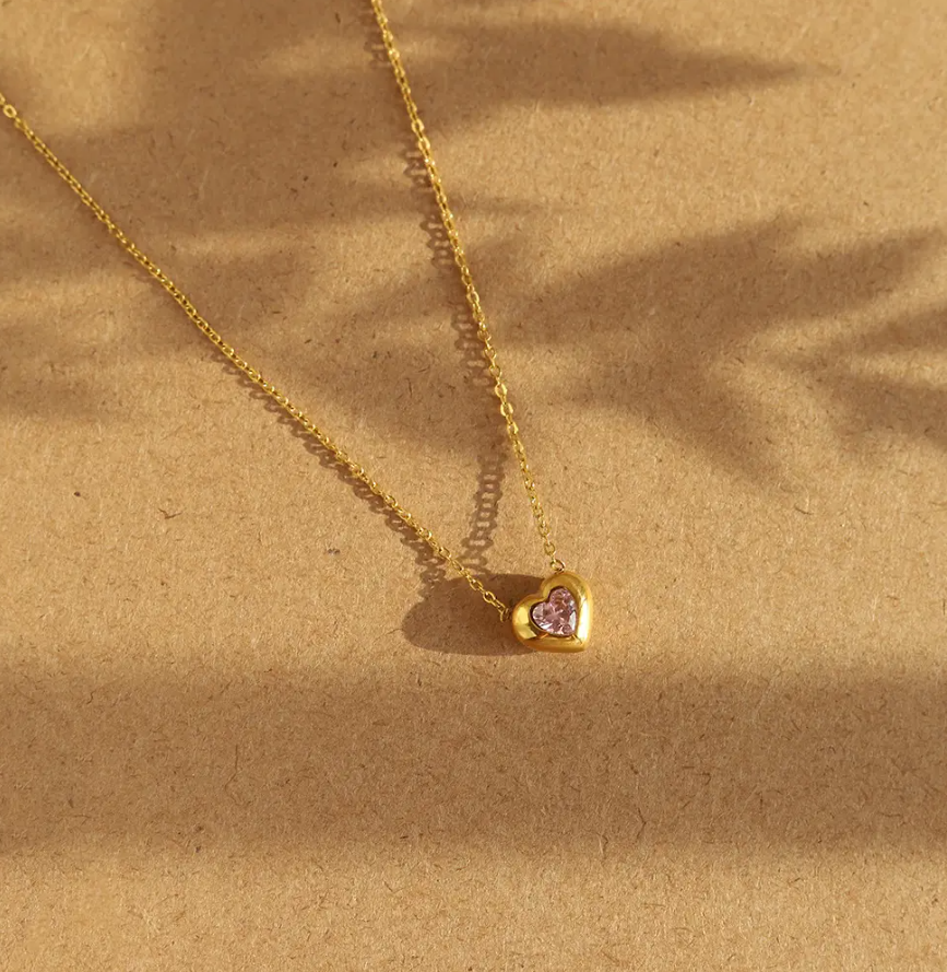 Valentina Pink Heart Necklace / 18K Gold Plated - Nina Kane Jewellery