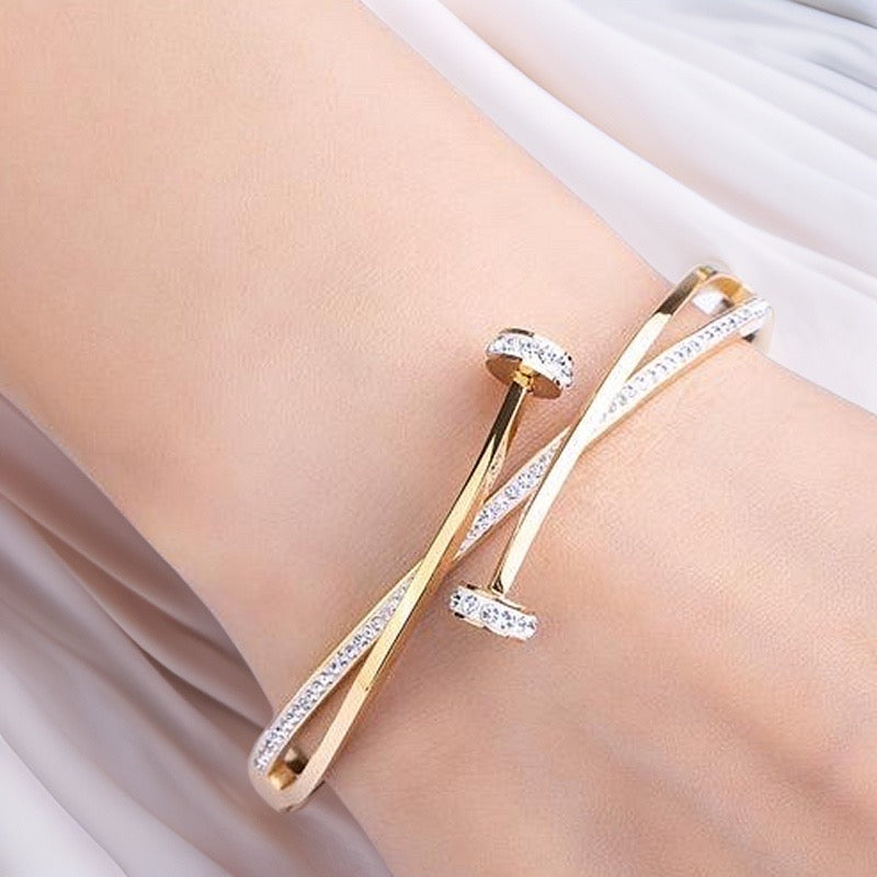 Gold Crystal Double Nail Bangle / Stainless Steel - Nina Kane Jewellery