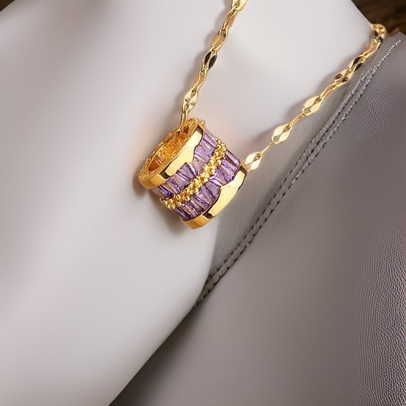 Purple Elisabeth Totem Barrel Stripe Necklace / Stainless Steel - Nina Kane Jewellery