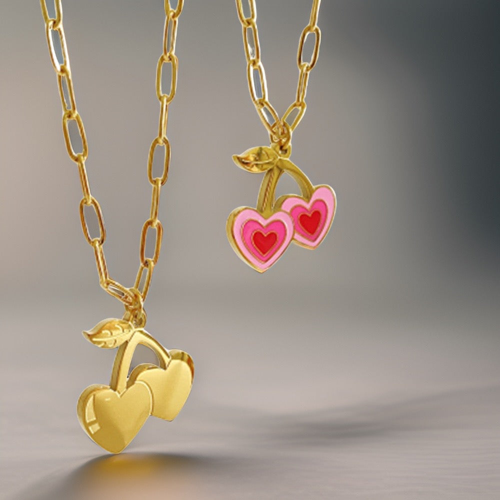 Pink Sweet Cherry Heart Necklace / 18K Gold Plated - Nina Kane Jewellery