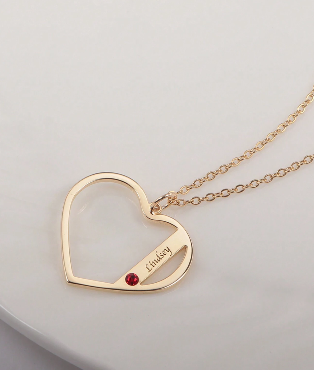 Loveheart Customised Name & Birthstone Necklace / 18K Gold Plated - Nina Kane Jewellery