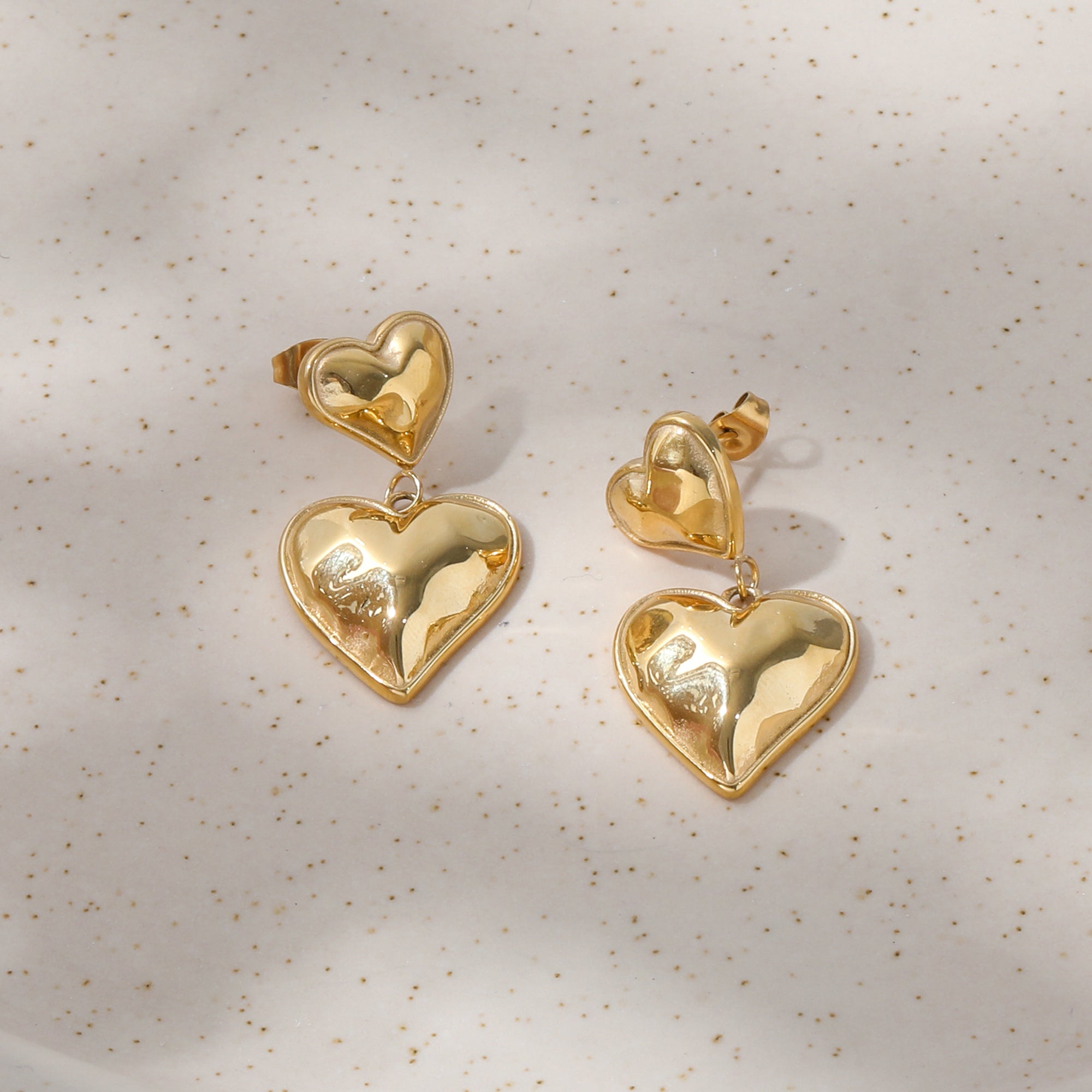 Double Heart Statement Earrings / 18K Gold Plated