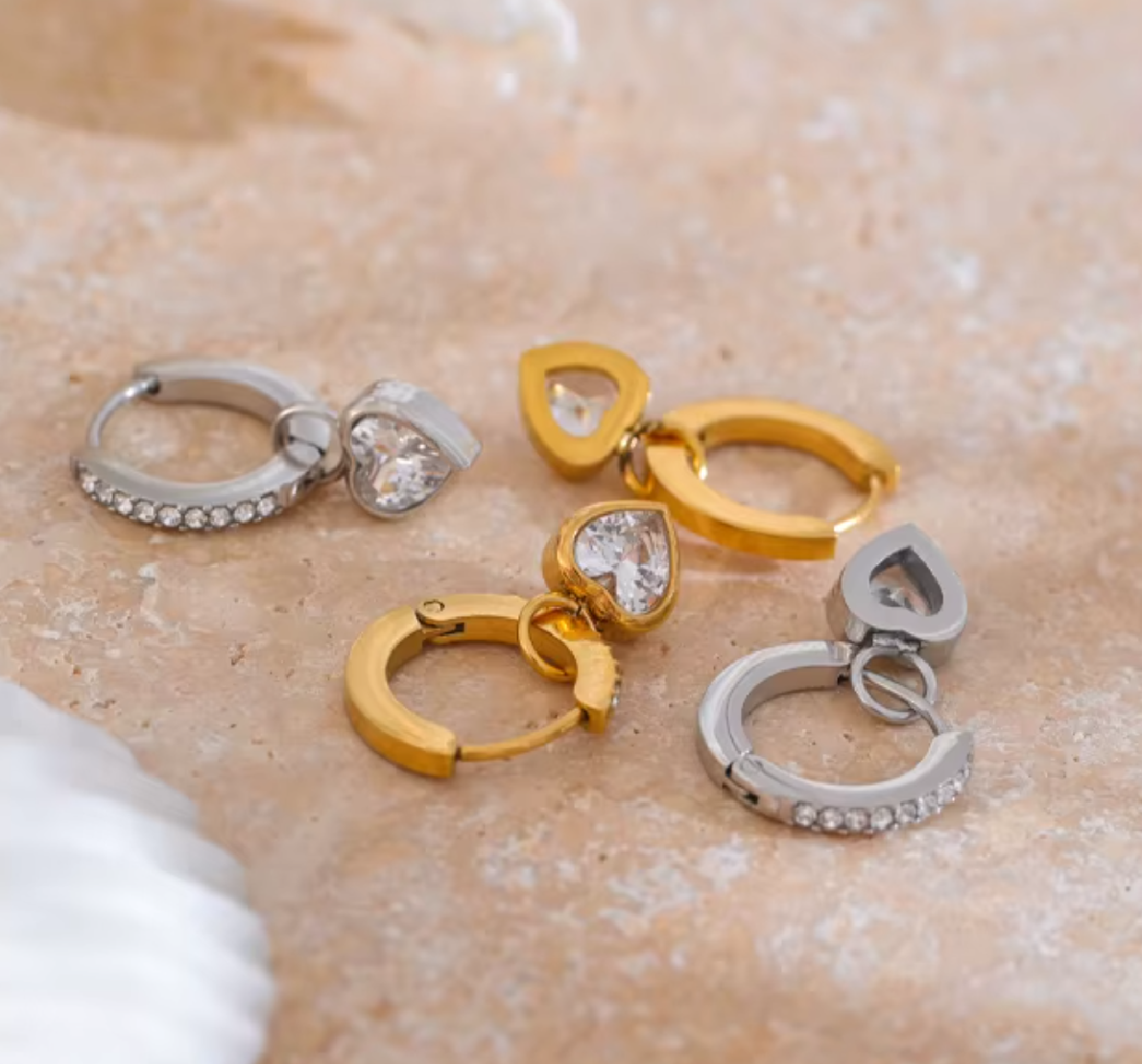 Raquel Heart Drop Hoop Earrings / 18K Gold Plated - Nina Kane Jewellery