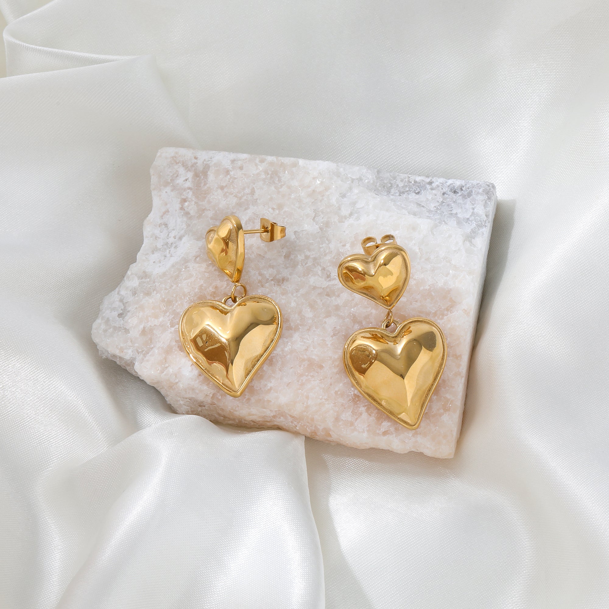 Double Heart Statement Earrings / 18K Gold Plated