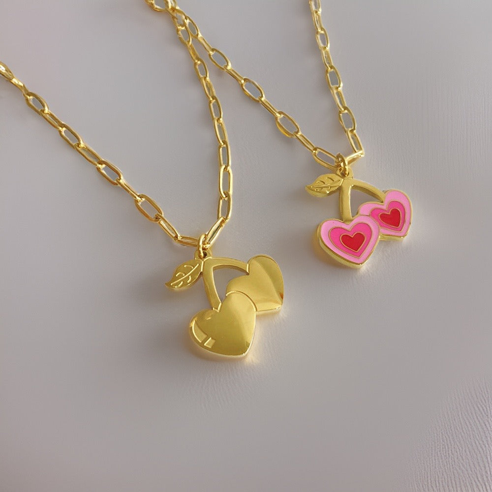 Pink Sweet Cherry Heart Necklace / 18K Gold Plated - Nina Kane Jewellery