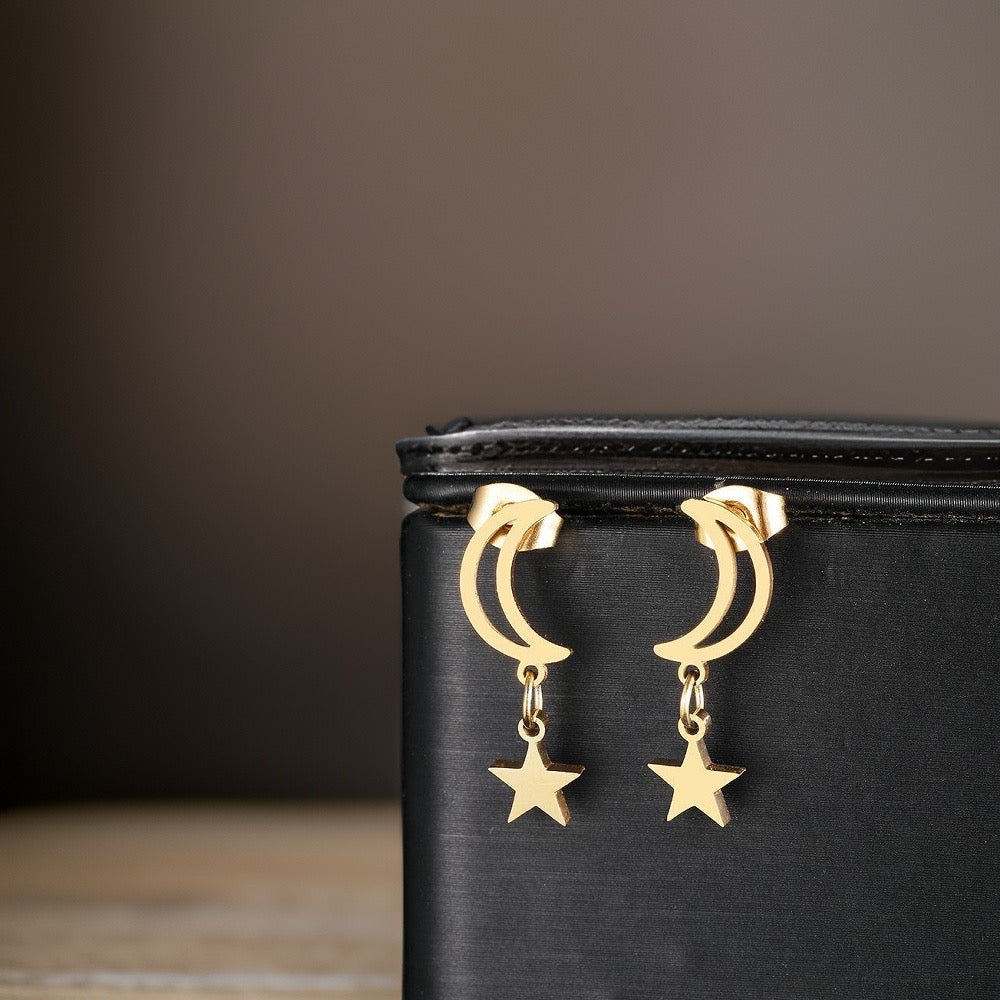 Liana Moon & Star Drop Earrings / Stainless Steel - Nina Kane Jewellery