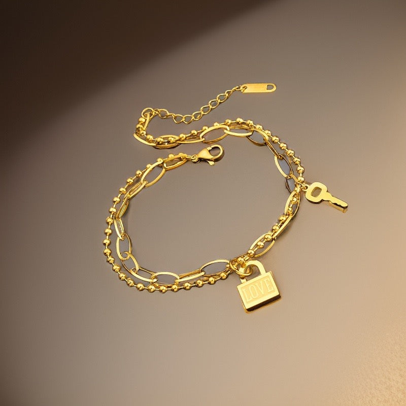 Lock & Key Charm Bracelet / 18K Gold Plated - Nina Kane Jewellery