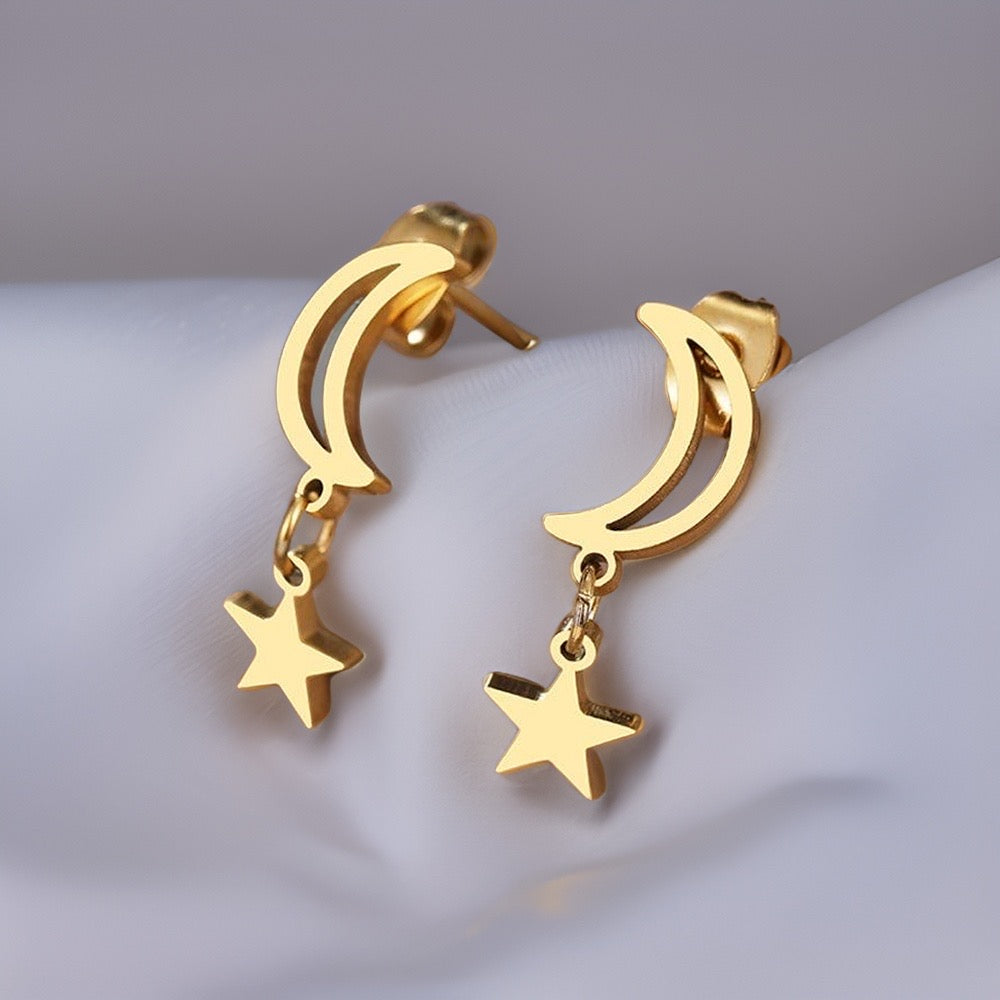 Liana Moon & Star Drop Earrings / Stainless Steel - Nina Kane Jewellery