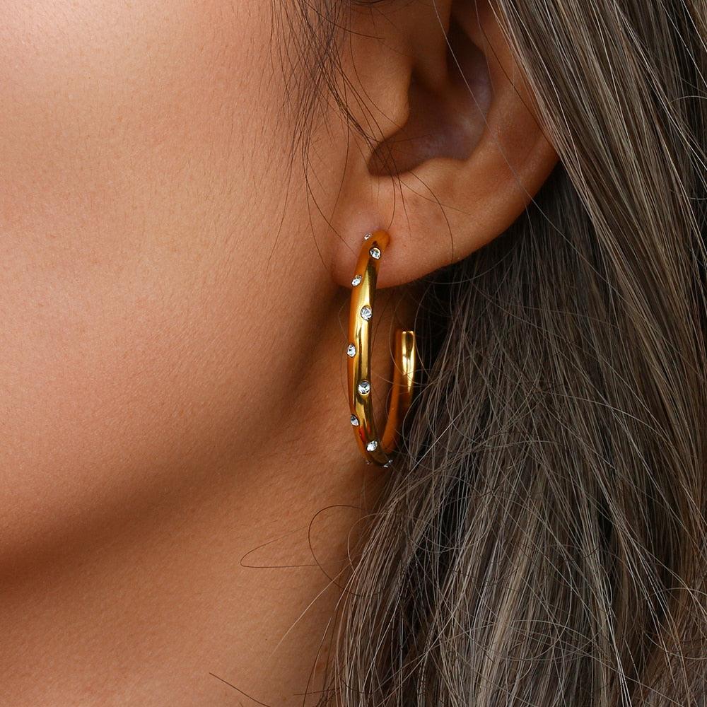 Jesse Diamond Studded Gold Hoops / Stainless Steel - Nina Kane Jewellery