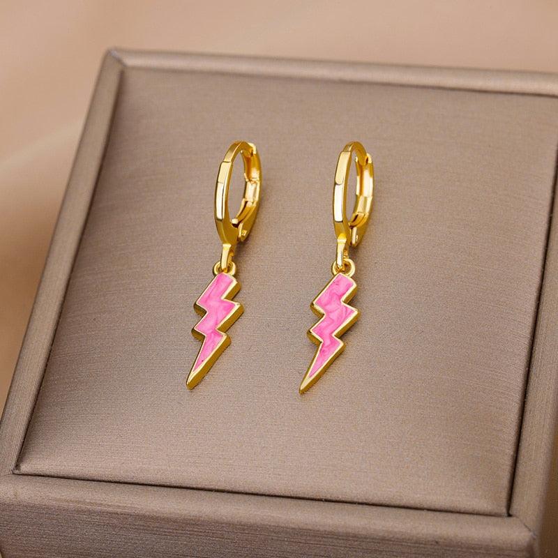 Pink Blair Lightning Bolt Huggies / Stainless Steel - Nina Kane Jewellery