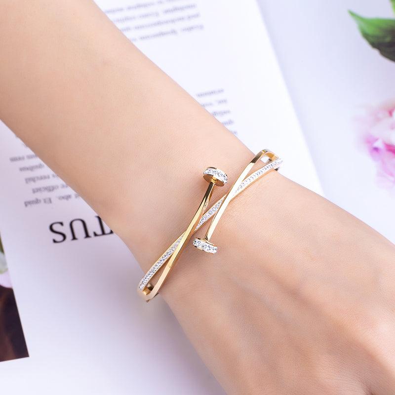 Gold Santana Crystal Double Nail Bangle / Stainless Steel - Nina Kane Jewellery