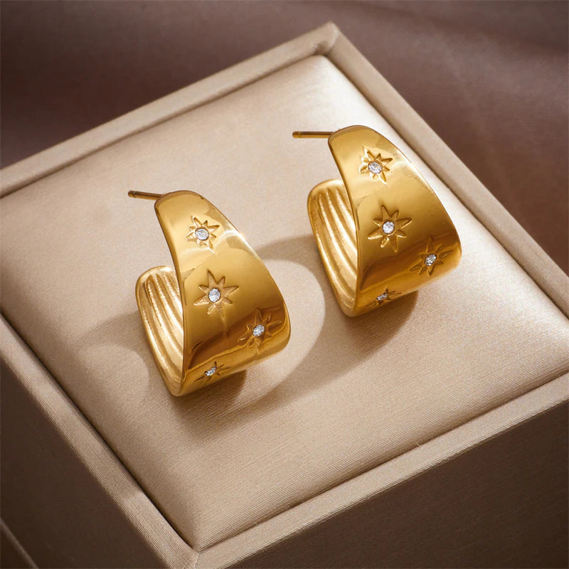 Inez Crystal Studded Gold Hoop Earrings / Stainless Steel - Nina Kane Jewellery