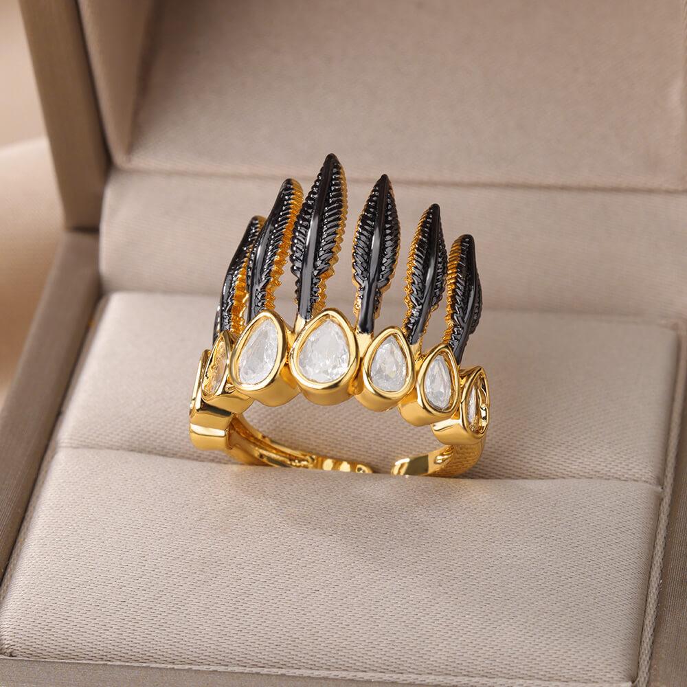 Black Feather Crown Ring / Stainless Steel - Nina Kane Jewellery
