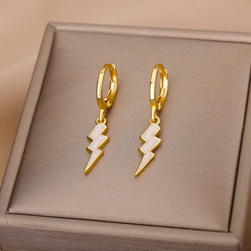 White Blair Lightning Bolt Huggies / Stainless Steel - Nina Kane Jewellery