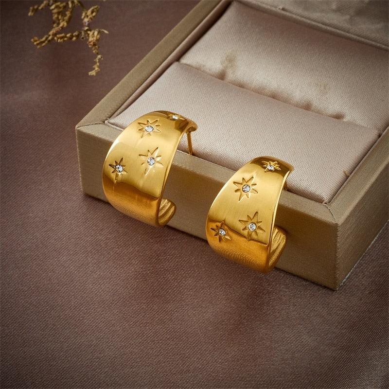 Inez Crystal Studded Gold Hoop Earrings / Stainless Steel - Nina Kane Jewellery