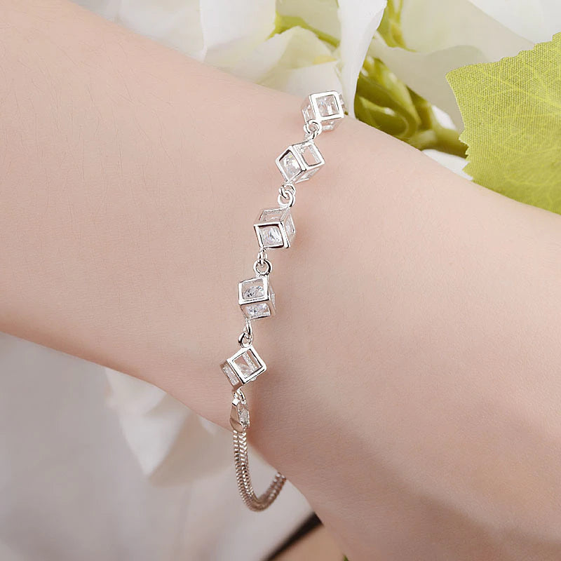 Ramona Diamond Cube Snake Bracelet / 925 Sterling Silver - Nina Kane Jewellery