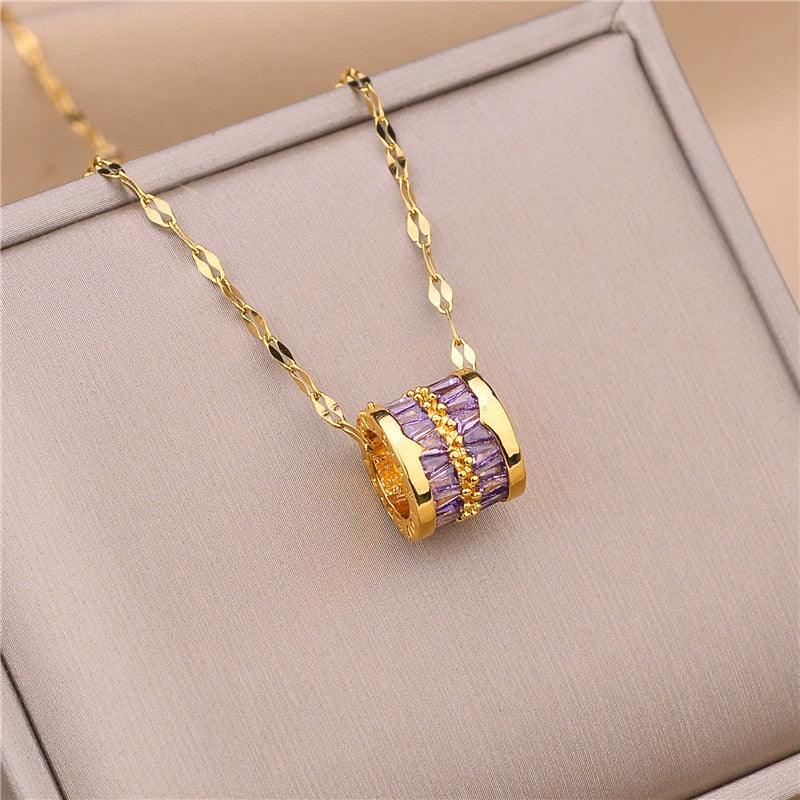 Purple Elisabeth Totem Barrel Stripe Necklace / Stainless Steel - Nina Kane Jewellery