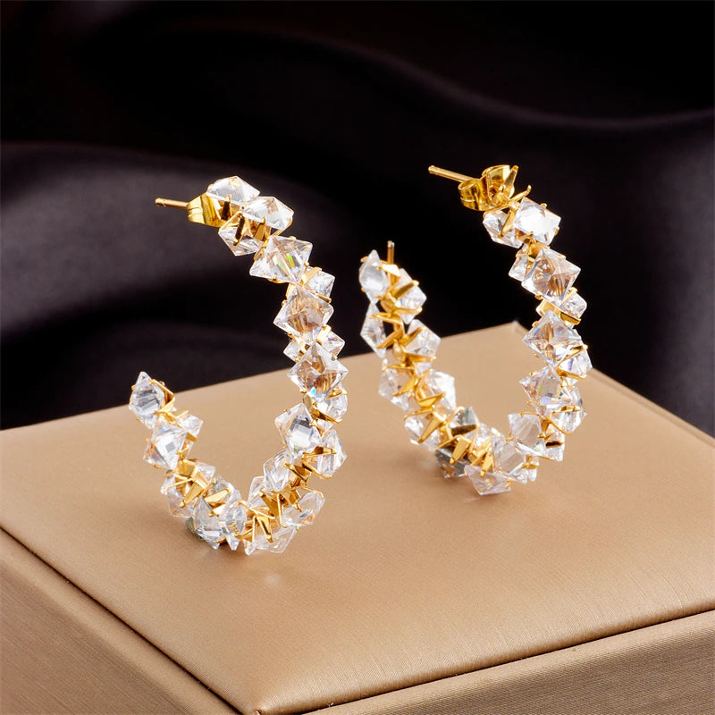 Sabrina Crystal Studded Hoop Earrings / Stainless Steel - Nina Kane Jewellery