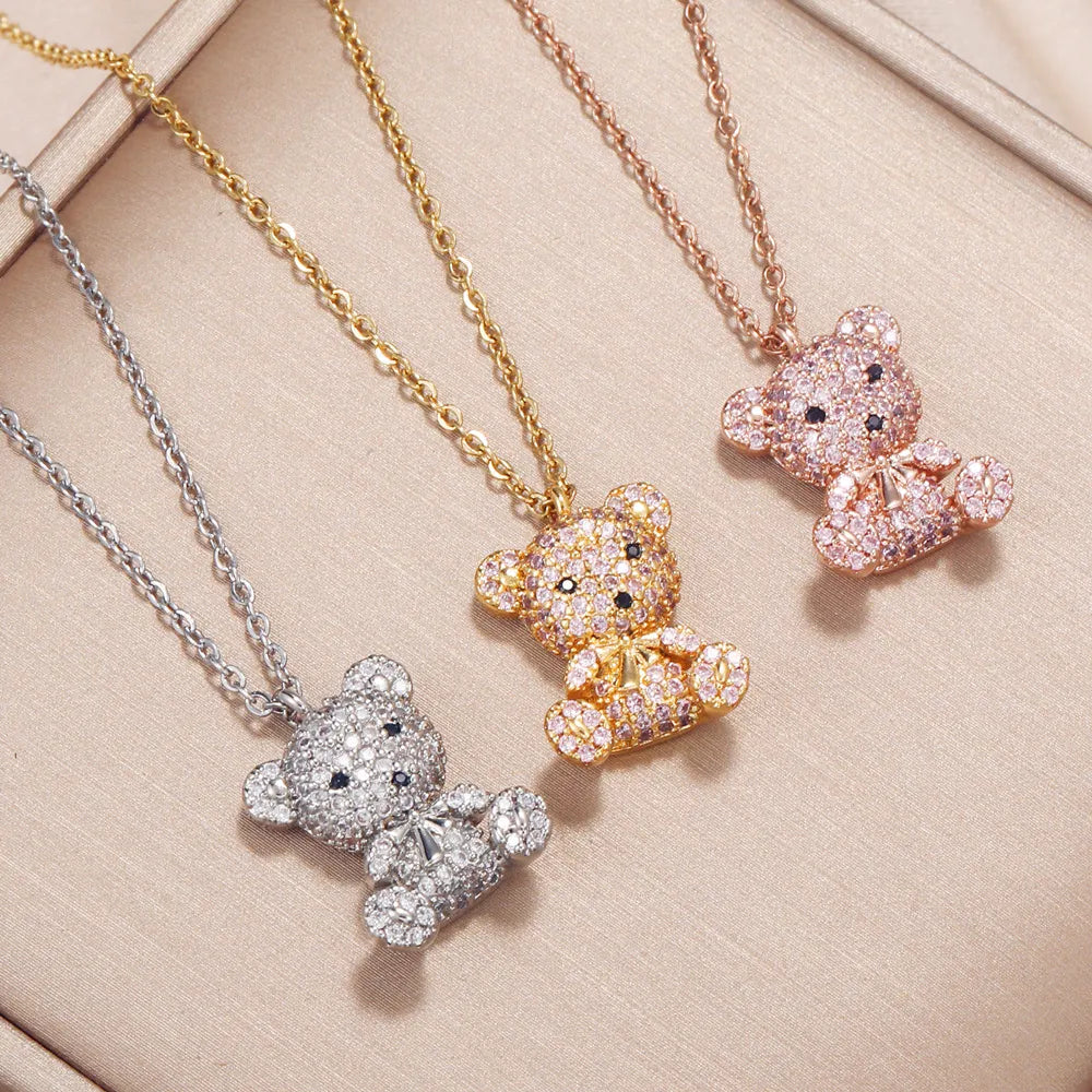Venice Diamond Teddy Bear Pendants / Stainless Steel - Nina Kane Jewellery