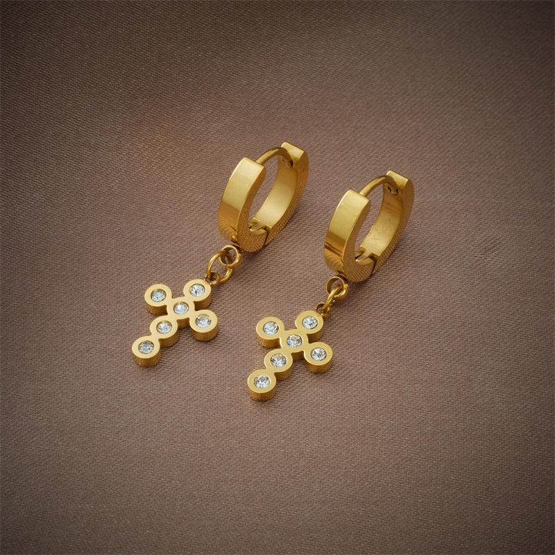 Elsa Diamond Cross Huggie Earrings / Stainless Steel - Nina Kane Jewellery