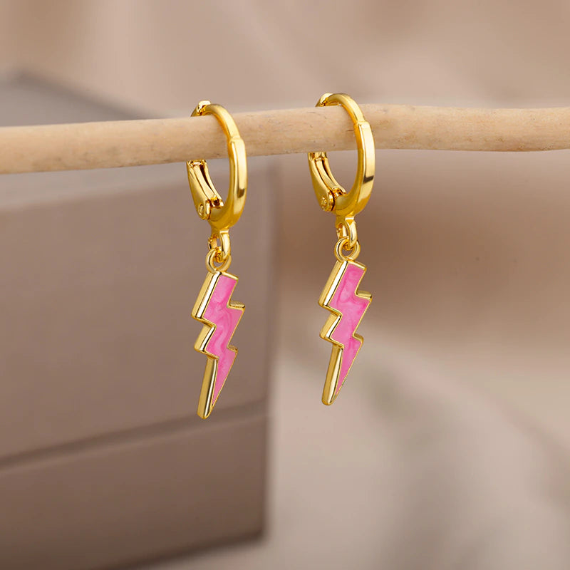 Pink Blair Lightning Bolt Huggies / Stainless Steel - Nina Kane Jewellery
