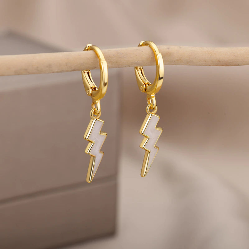 White Blair Lightning Bolt Huggies / Stainless Steel - Nina Kane Jewellery